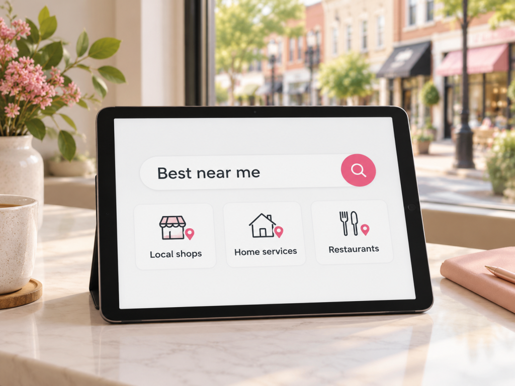 Illustrative tablet search for Best near me, showing local shops, home services and restaurants.
